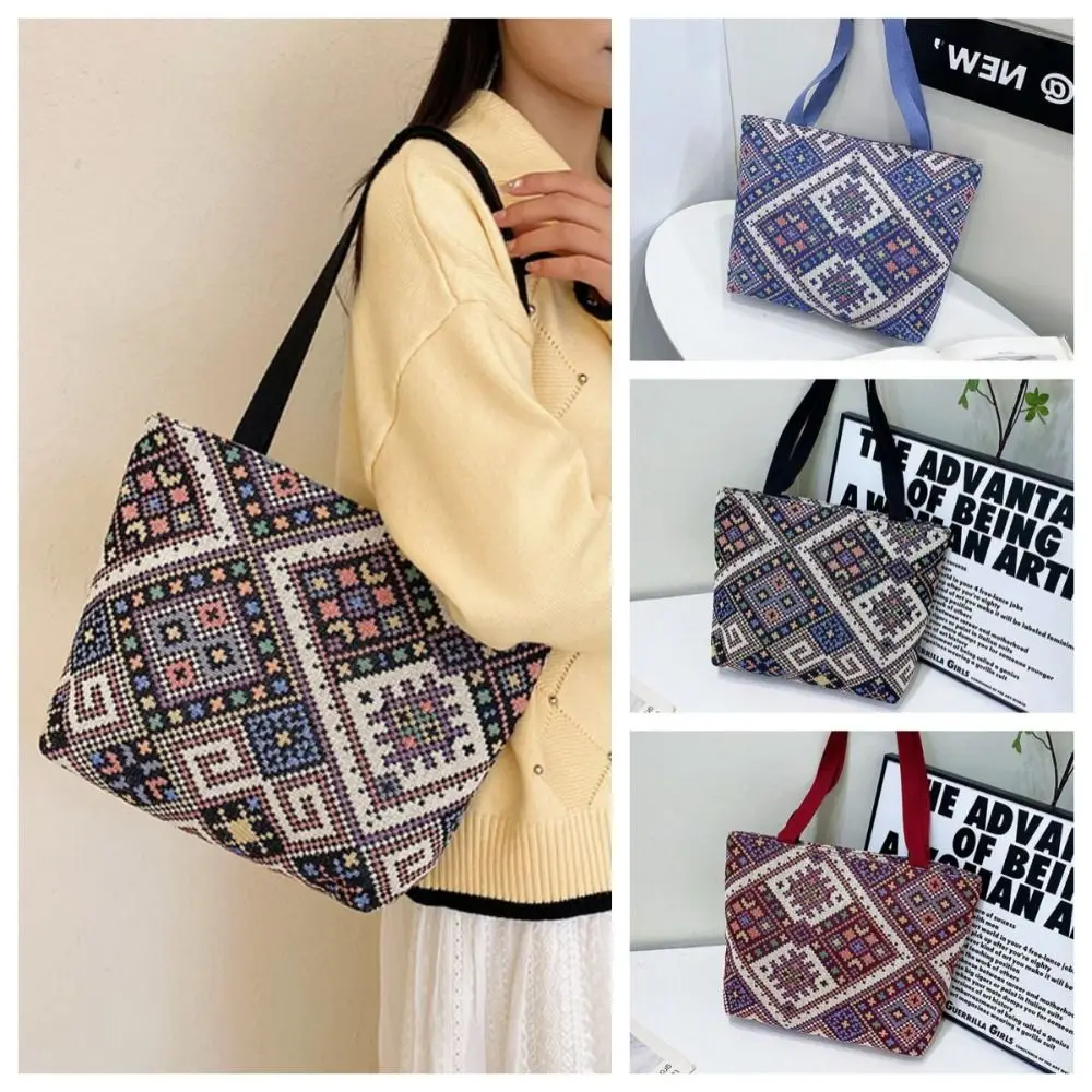 

Print Ethnic Style Canvas Bag Fashion Portable Large Capacity Canvas Handbag Embroidery Storage Bag Striped Tote Bag Picnic