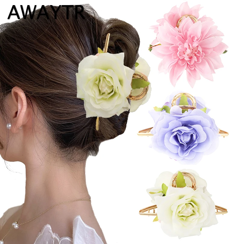 AWAYTR Large Size Rose Flower Hair Clip Claws Hair Crab For Thick Hair