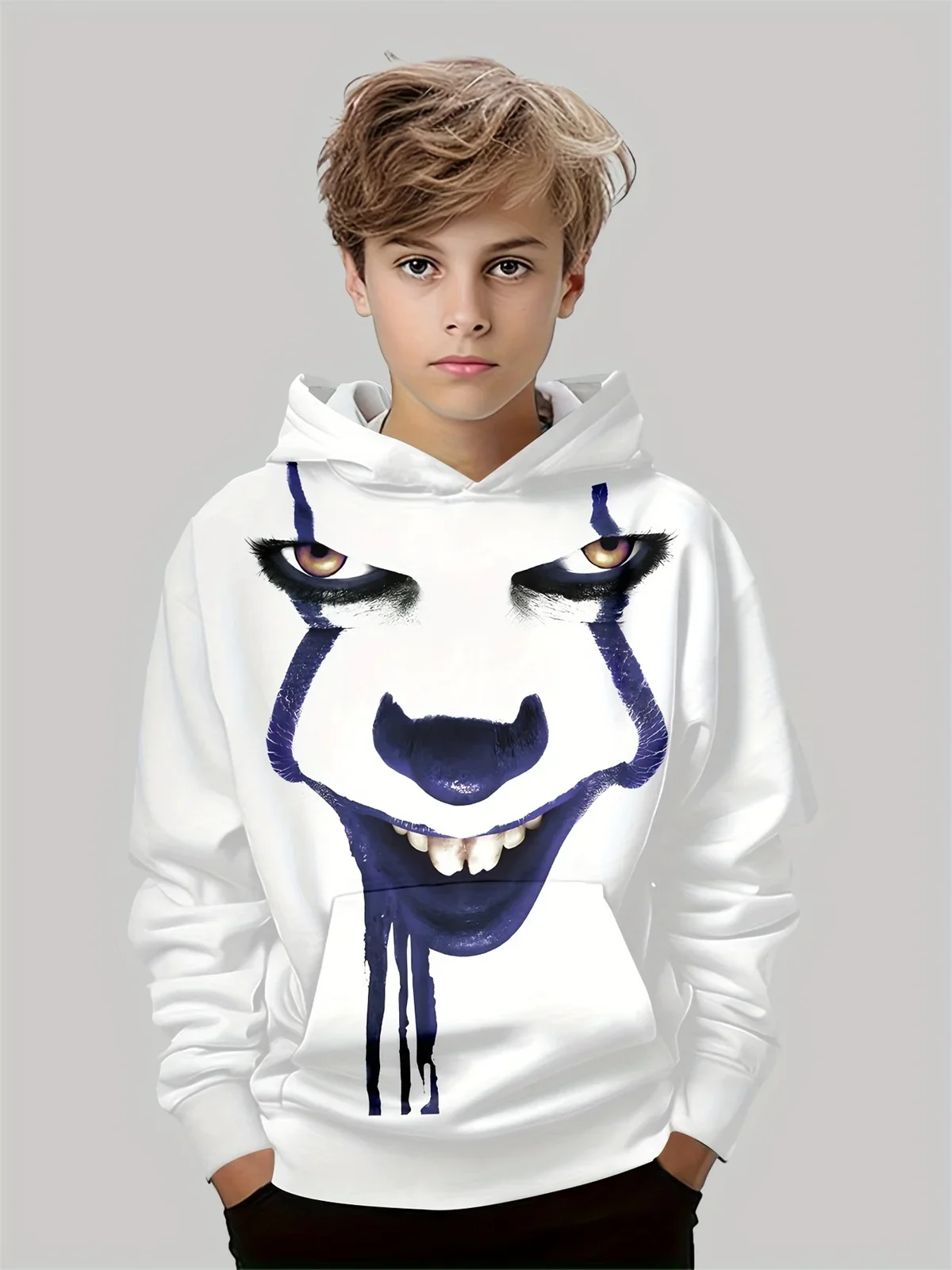 Ropa para niños, sudadera con capucha con estampado digital 3D de payaso aterrador de Halloween para niños, camisetas informales de poliéster de manga larga para primavera y otoño, ropa para niños