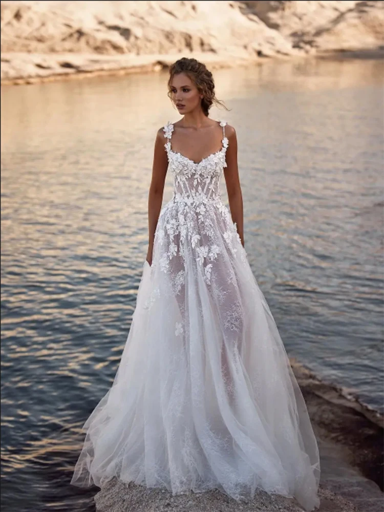 

Sexy Spaghetti Strap See Through Bohemian Floral Wedding Dress 3D Flowers White Lace Up Back A-line Bridal Gown Vestido De Novia