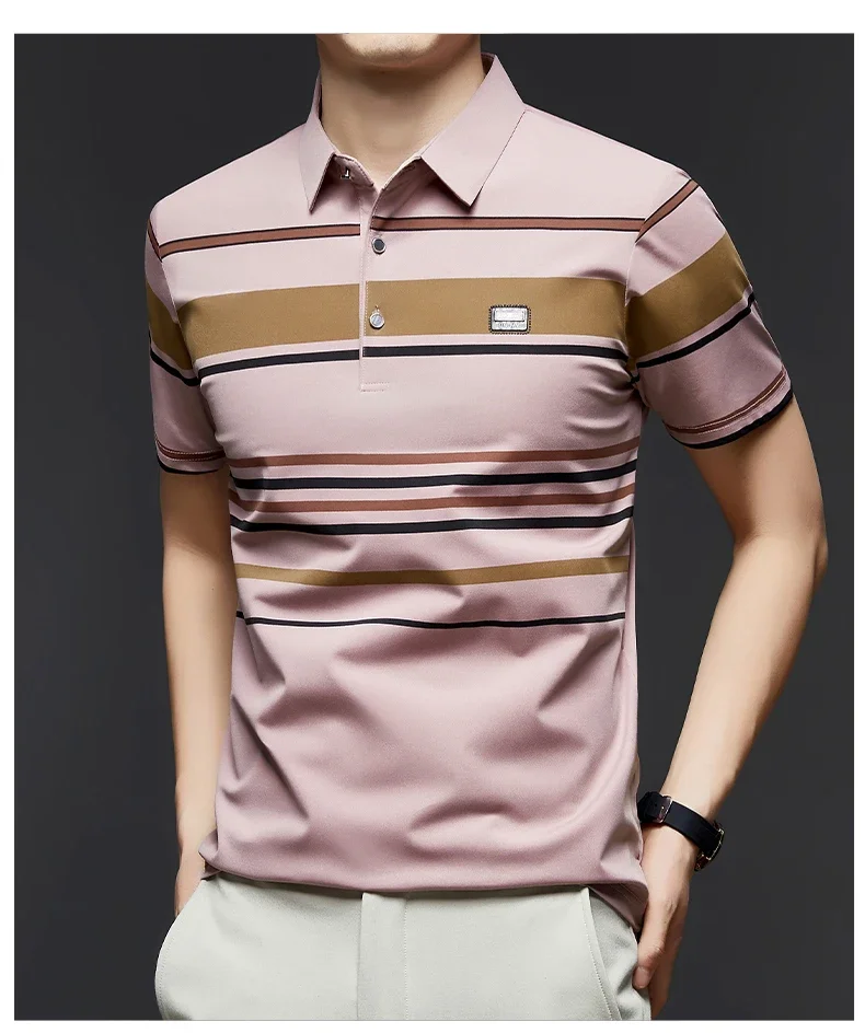 BROWON Brand 2025 Summer Shorts Polo Shirt Men Tshirt Luxury Wide Striped Lapel Collared Polo Shirt for Work Business Men 20 S2df0a28b00714d42859c1f513bd2a3f8d