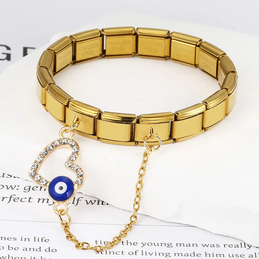 URING Design Hängekette Libelle Palm Evil Eyes Edelstahl Italienischer Charm Link Fit 9mm DIY Herstellung Anhänger Armband Geschenk – Detail 6