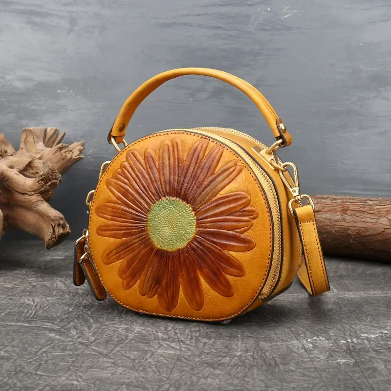 

Womens Fashion Embossed Sunflower Cowhide Leather Mini Ladies Small Handbags Designer Satchel Top Handle Shoulder Crossbody Bags