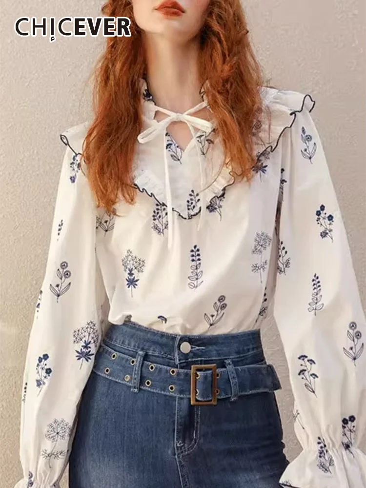 

CHICEVER Elegant Printing Blouses For Women Stand Collar Long Sleeve Patchwork Lace Up Casual Colorblock Loose Shirts Female New