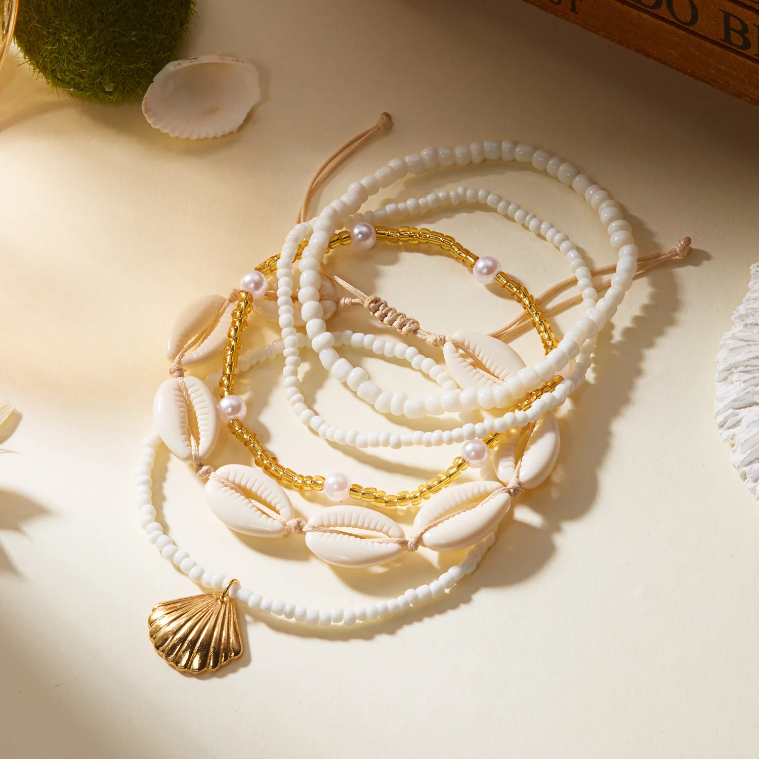 Sommer Strand Muschel Seestern Mehrschichtiges Gestapeltes Fußkettchen für Frauen Einfaches Handgemachtes Reisperlen Elastisches Fußkettchen Boho Fußschmuck – Detail 5