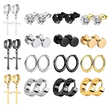 1/15Pairs Punk Cool Gothic Stainless Steel Stud Earrings Set for Men Women,Fashion Tragus Cartilage Daith Helix Piercing Jewelry 1