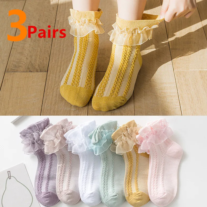 3 Pairs Girls Socks Spring Cotton Children Dance Socks Mesh Trendy Elastic White Lace Flowers Ruffle Kids Cute Princess