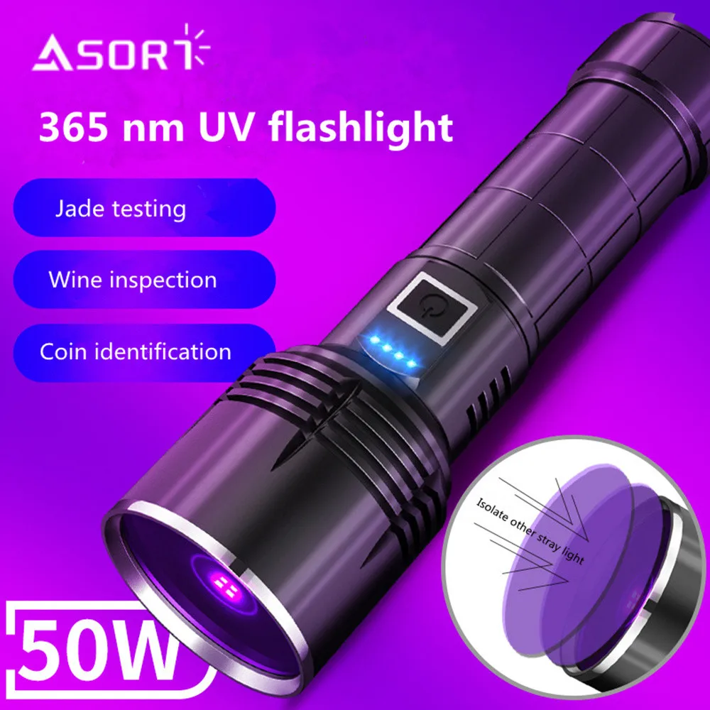 Powerful 80W 4-CORE 365NM UV Flashlight High Power Black Mirror Purple Light Detection Torch Type-C Rechargeable 26650 Lantern