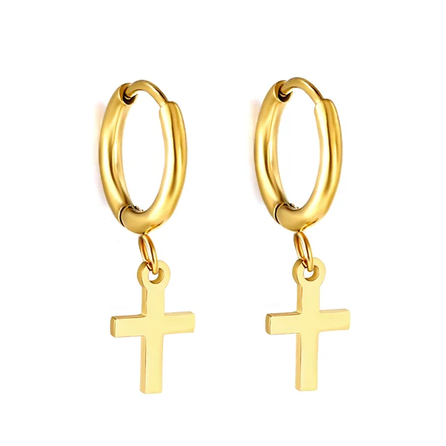 Boucles d'oreilles de luxe pour femmes et filles, accessoires exquis, cercle en acier inoxydable avec croix, pendentif en or, bijoux 1