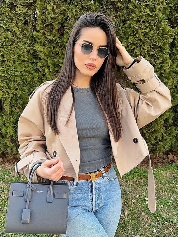 2023 herbst Mode Frauen Khaki Abgeschnitten Mantel Vintage Solide Langarm Mäntel Chic Tops Weibliche Casual Kleidung Streetwear – Detail 10