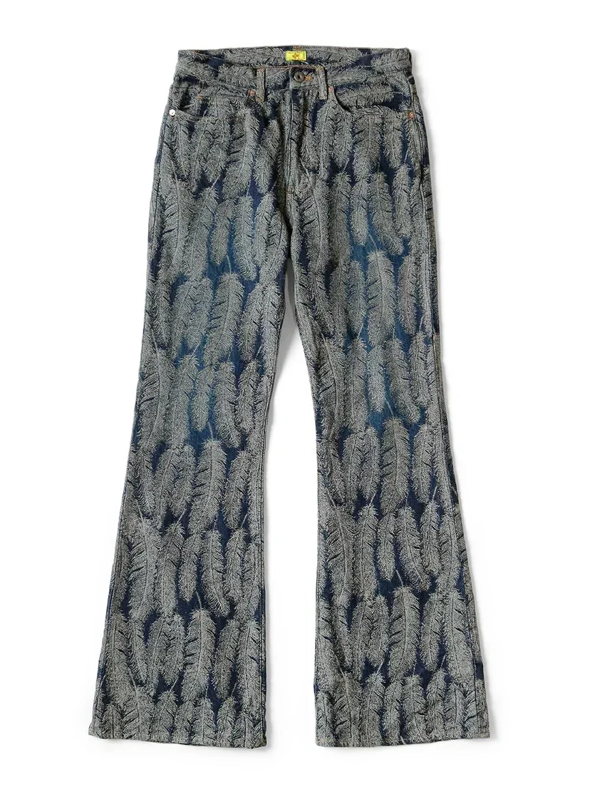 New Japanese Style Hirata and Hiroshi Casual  Men's Loose Denim Jacquard Feather Flared Pants Versatile
