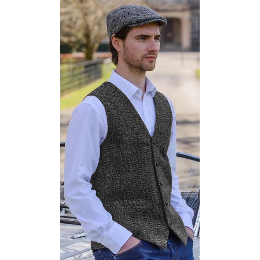 Men Sleeveless Jacket Dress Vest Men's Herringbone Tweed Suit Waistcoat Male Elegant Single Breasted Suit Vests Retro Steampunk