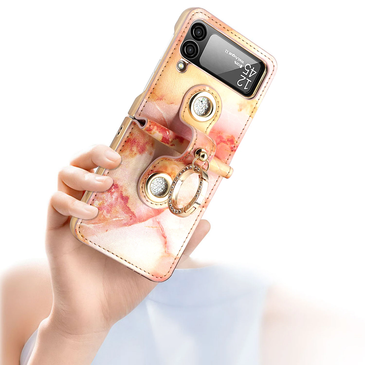 Luxury Iridescent Cloud PU Leather Rhinestone Ring Holder Electroplate Phone Cover For Samsung Galaxy Z Flip 4 3 Case