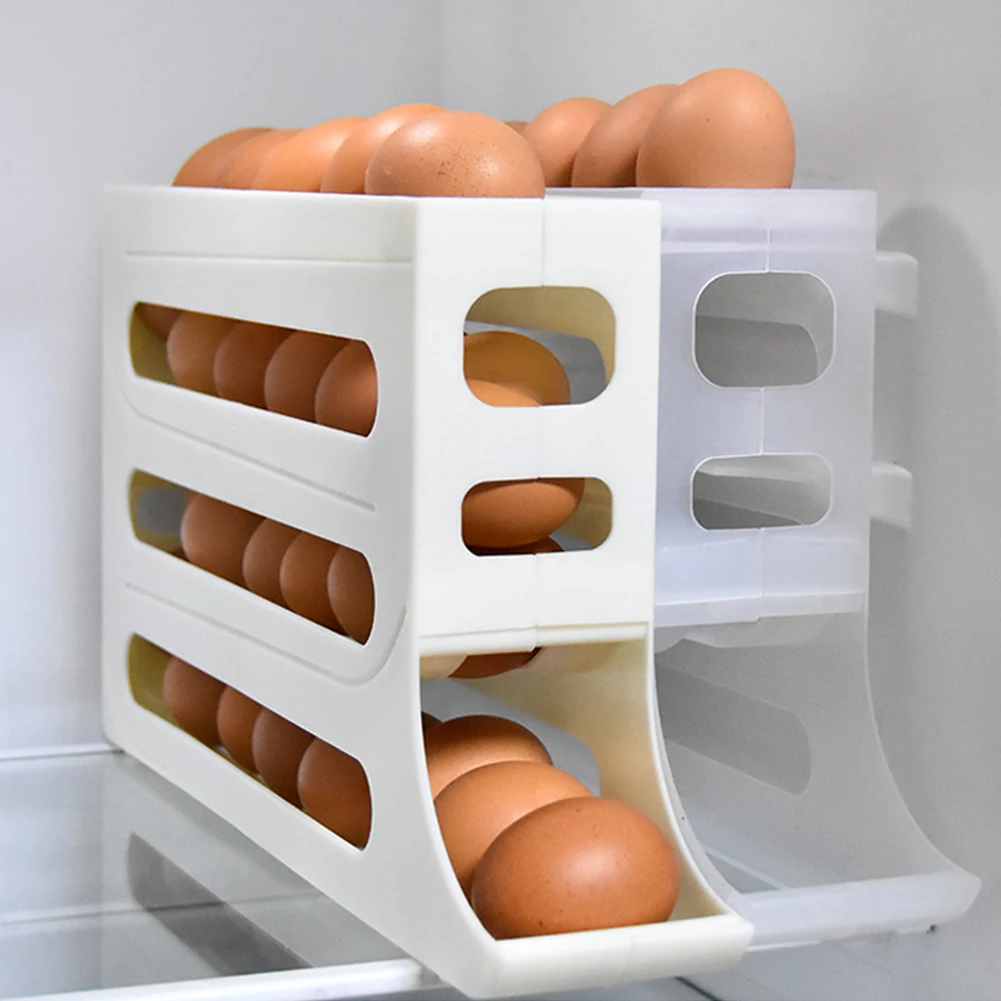 Slide Egg Storage Box Refrigerator Side Door Storage Box Automatic Scrolling Egg Holder Tray 4 Layer Rolling Egg Dispenser Rack