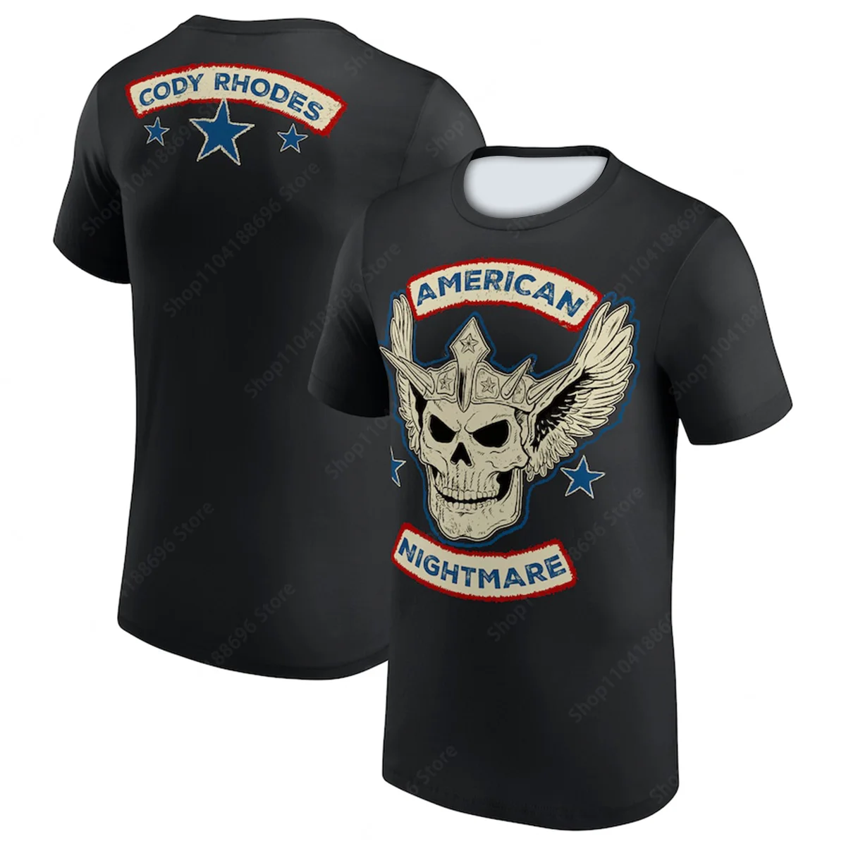 Men Women Round Neck T-Shirt WWE Cody Rhodes Crowned Skull Wrestler's Retro Style