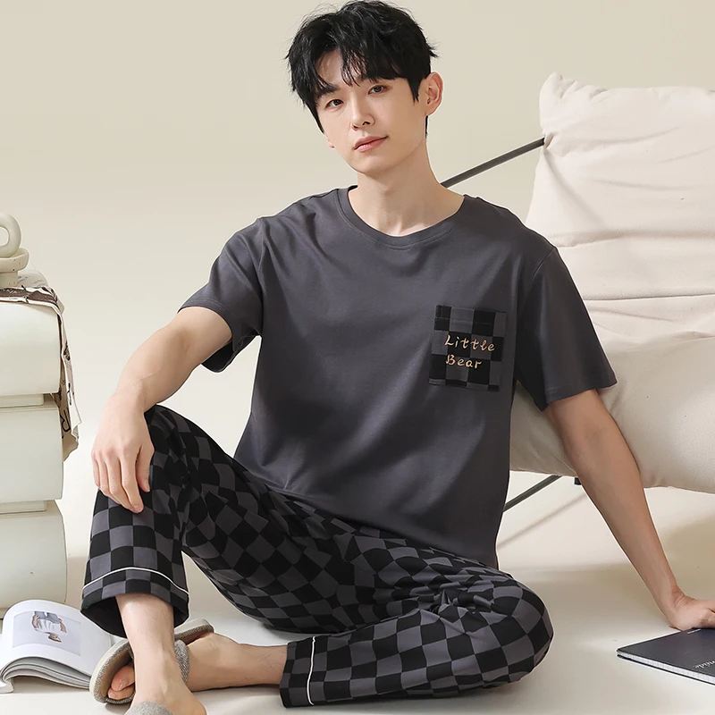 

Summer Men's Pajamas Short Sleeves Long Pants Pijamas suits Thin Sleepwear can be worn outside Cotton home wear sports pyjama