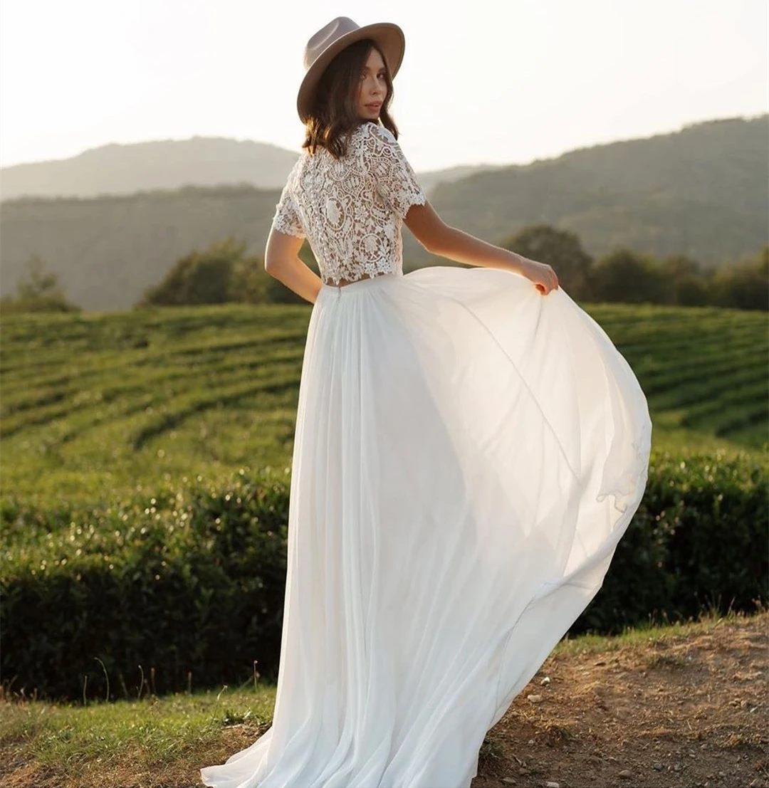 

Свадебное платье в стиле бохо с рукавами 2023, простое пляжное шифоновое ТРАПЕЦИЕВИДНОЕ ПЛАТЬЕ со шлейфом, недорогие сексуальные богемные Свадебные платья с круглым вырезом, Пляжное Платье