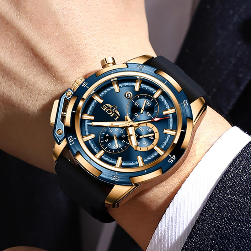 LIGE Men Watch Top Brand Luxury Sports Quartz Mens Watches Silicone Waterproof Chronograph Wristwatch Men Relogio Masculino