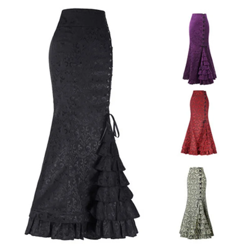 

Summer Women Long Skirts Victoria Style Lace-Up Jacquard Mermaid Wrap Skirt Ruffles Tierred Vintage Slim High Waist Lady Skirt