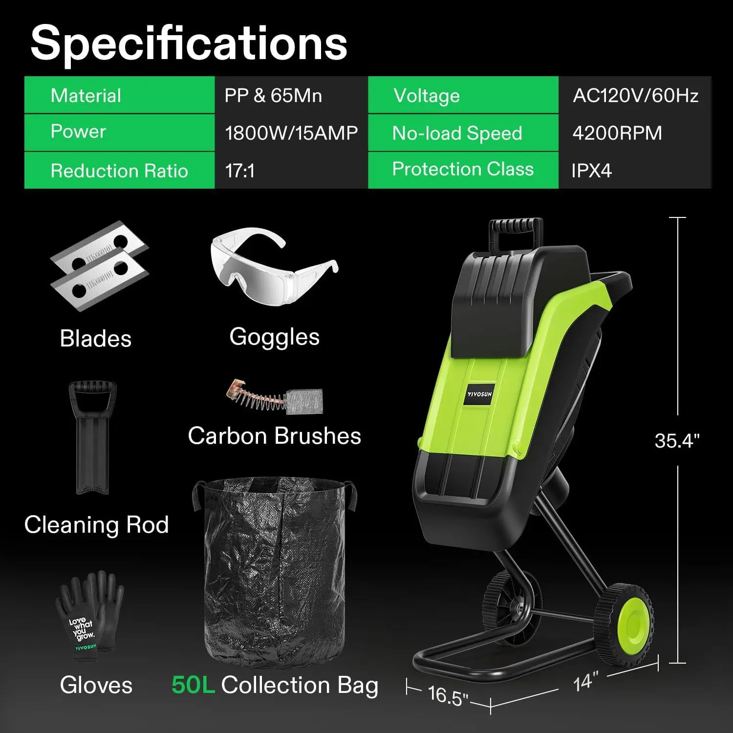 Electric wood chipper and shredder With wheels and safety locking knob Plunger 50L collection bag