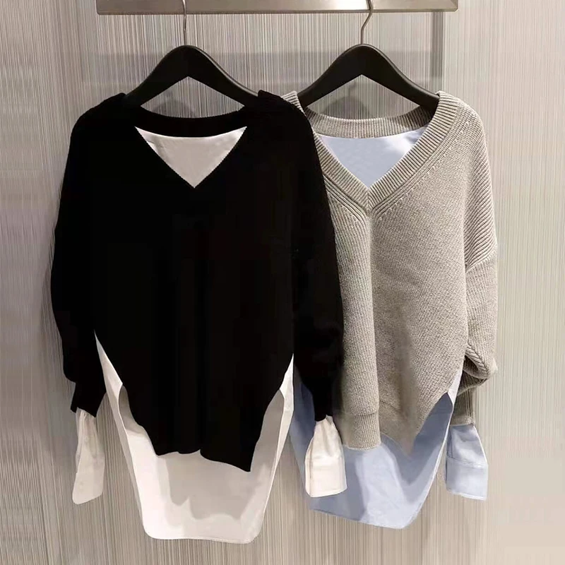 

Long Sleeve Outer Wear Shirt Stitching Sweater Fake Two Pieces V-Collar Pullover Contrast Color Idle Style Knitwear for Women
