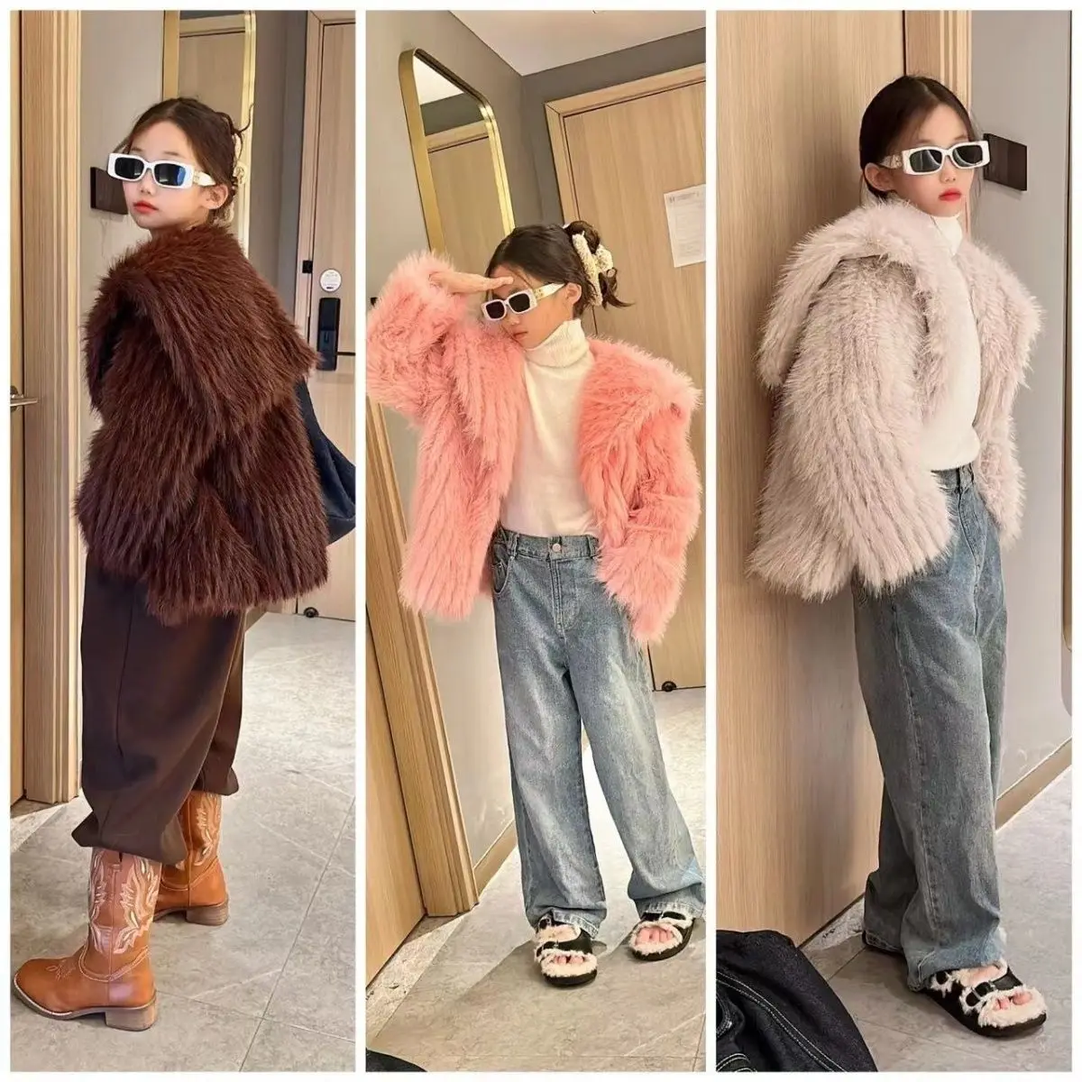 

2023 Winter Fashion Girls Faux Fur Coat Short Style Kids Outerwear Luxury Warm Imitation Fox Fur Jacket Girls Clothes