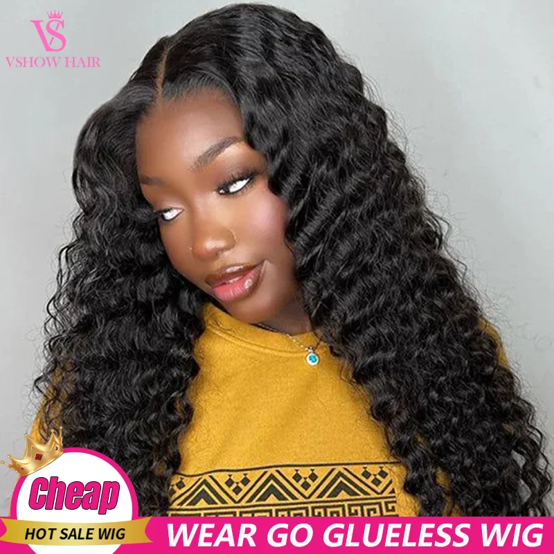 

Wear And Go Glueless Deep Wave Human Hair Wigs Pre Plucked 4x4 HD Lace Closure Brazilian Wig Human Hair Ready To Wear On Sale For Women