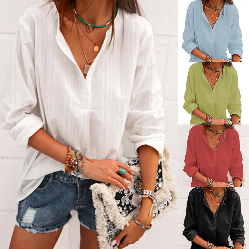

Spring/Summer Fashion V-neck Striped Cotton Linen Top Long Sleeved Solid Color Pullover Loose Fitting Casual Shirt for Women