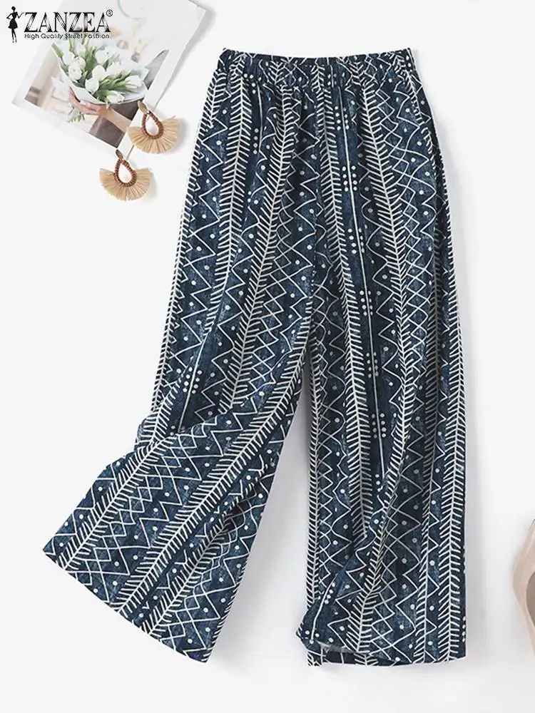 

ZANZEA Women Casual Wide Leg Pant Vintage Elastic Waist Pants Ethnic Printed 2023 Summer Pantalon Cotton Linen Holiday Trousers