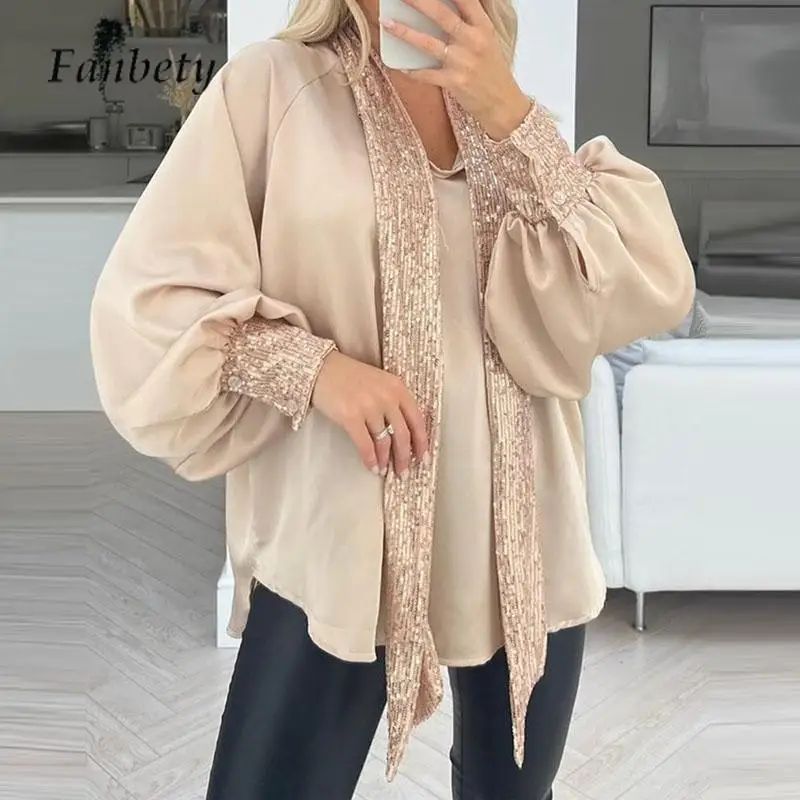 

2024 Fashion O Neck Lace-up Scarf Pullover Casual Ladies Sequined Loose Tops Autumn Ladies Apricot Lantern Sleeve Jumper Blouse