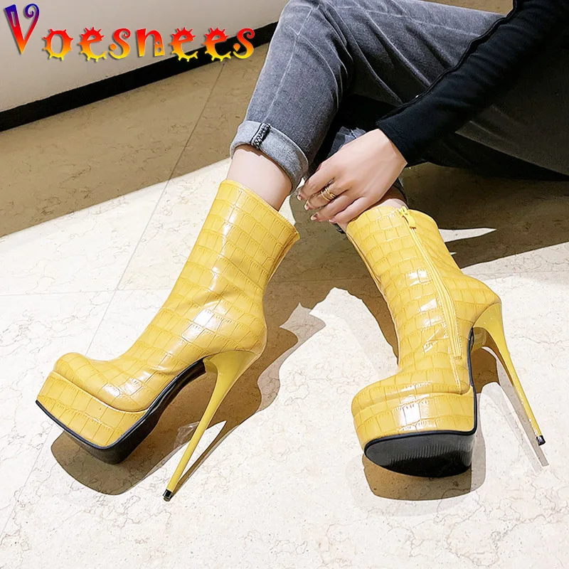 Patent Leer Fashion Ronde Teen Blok Hak Rits Lace-Up Hoge Hak met 10 cm Platform met 3 cm Enkellaarzen voor Vrouwen Grote Maat T998-42, wit, 42 EU