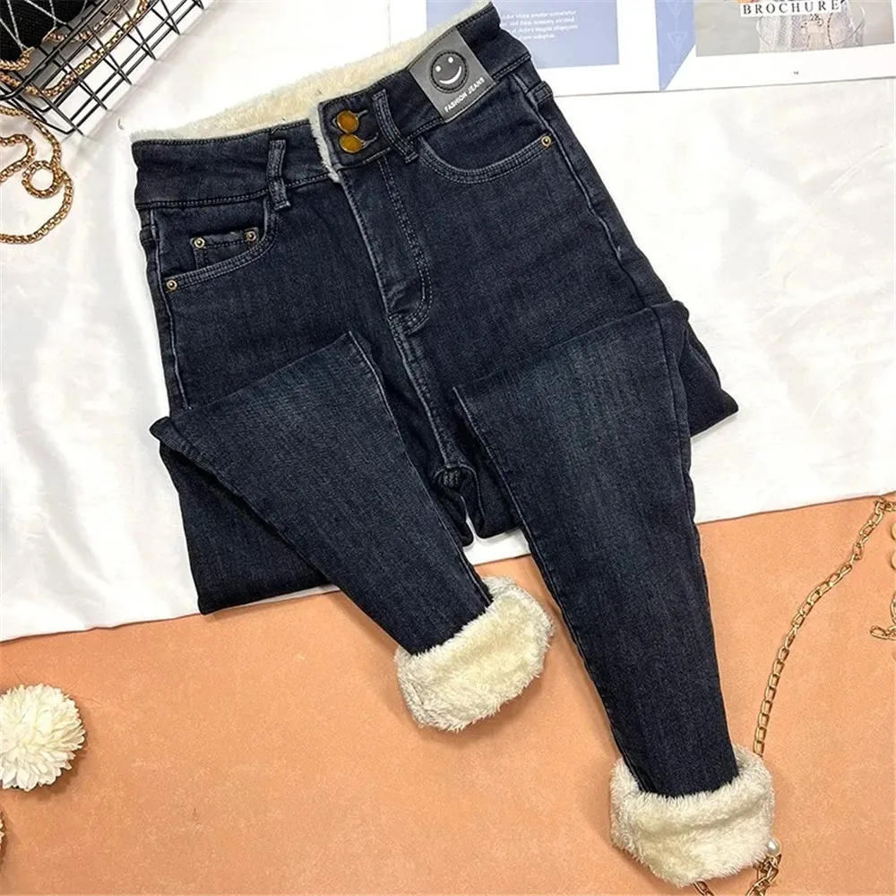 Plush Fleece Warm Thicken Slim Jeans Women Winter 90s Vintage Denim Pants High Waist Snow Plus Velvet Fur Skinny Denim Trousers