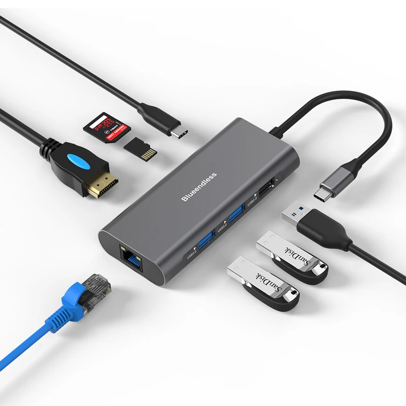 

USB-концентратор Yuanxin Тип C 8 в 1, 4K PD 60 Вт, адаптер SD/TF RJ45, Разветвитель USB C, док-станция Ethernet для Macbook