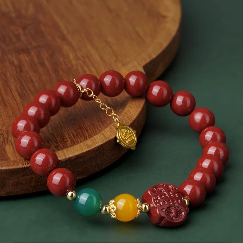 Bracelet Red Cinnabar Hand Carved Jade Hetian Jade Gradient Fashion Simple Fashion Beeswax Lucky Beads Peace Buckle Pendant 1Pc