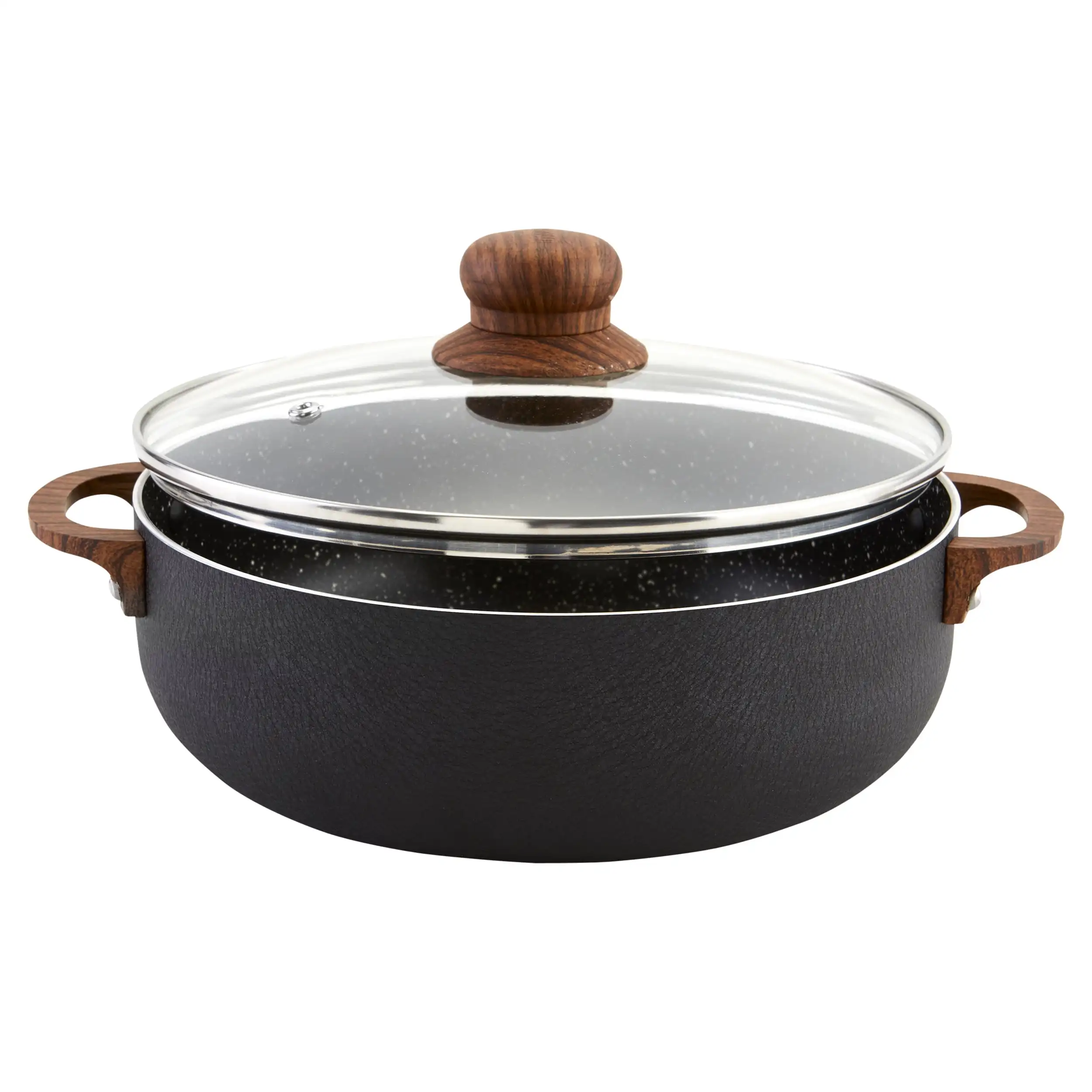 13.5 Quart Aluminum Black Stone Nonstick Caldero with Glass Lid & Woodlook Handles