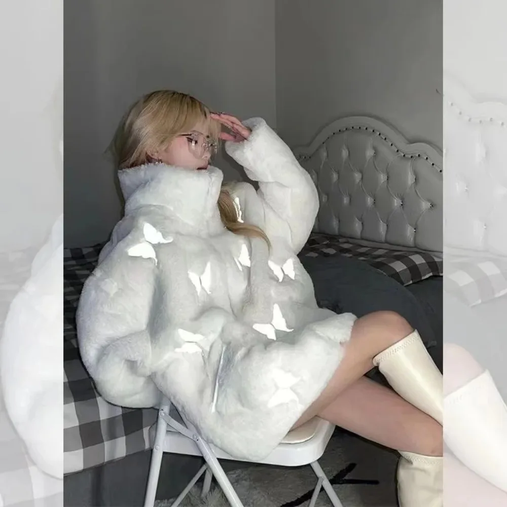 

American Plush Coat Jacket Reflective Butterfly Love Fashion Warm Fur Coat Women Hot Girl Hip Hop High Street Jacket Top clothes