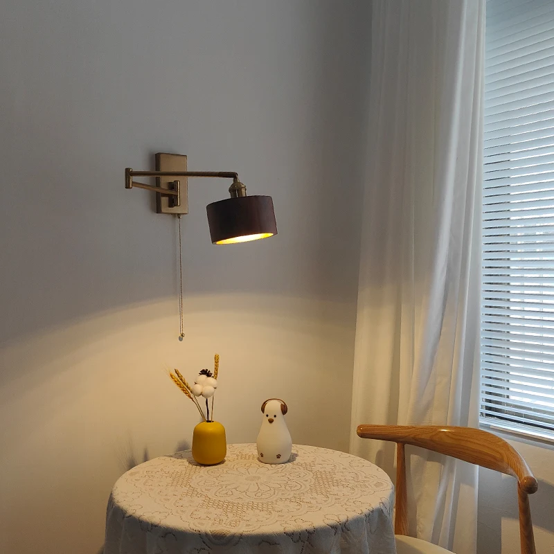 회전 벽 램프 돌출 체인 스위치 조명, 침실 인테리어 벽 램프 플러그 포함, 계단 조명, 나무 전등갓, 방 장식