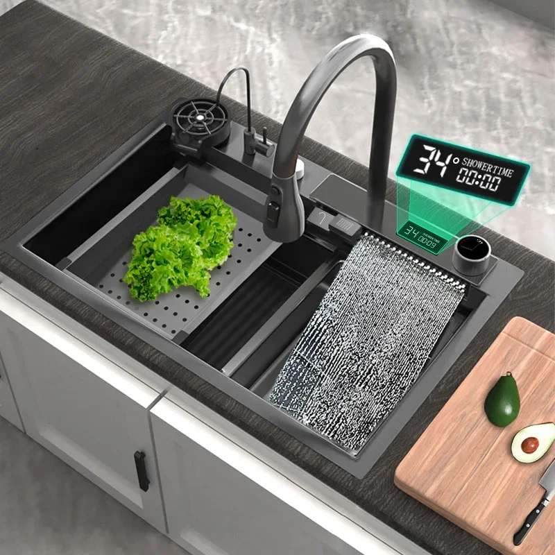 

Waterfall Sink Kitchen Sink Stainless Steel Large Single Slot Wash Basin With Waterfall Faucet Multifunction Washing pool