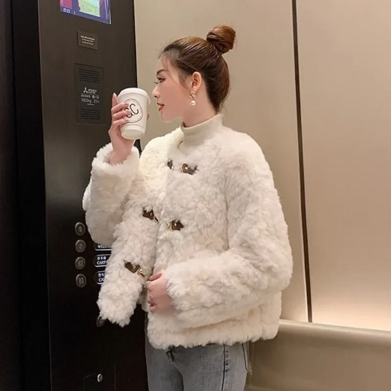 Faux Fur Coat for Women, Loose Temperament, All-Match Short Top, Round Neck, Lamb Wool Outwear, Casual Fashion, Winter, New,2024