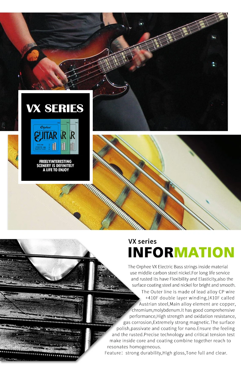 Orphee E-Bass-Saite, Kohlenstoffstahl, sechseckige Legierung, Anfänger-Übung, professionelle Saiten, E-Bass-Zubehör, Teile – Detail 6
