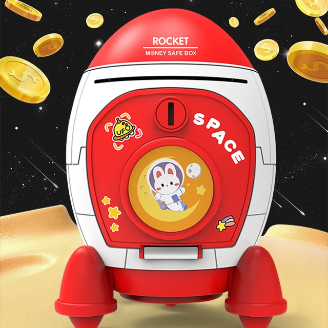 Piggy Bank Toys, Rocket Spacecraft Large Capacity Key Unlocking Puzzle Toy 3 Color could be Chosen, Gifts for 3+ Boys and Girls 1