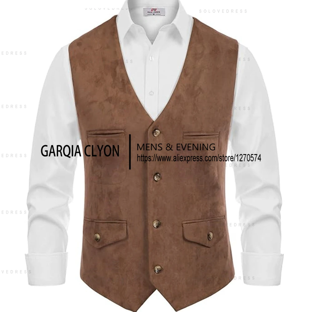Classic Style V Neck Suede Vintage  Casual Western Cowboy Vest Single Breasted With Pockets Men's Waistcoat 4
