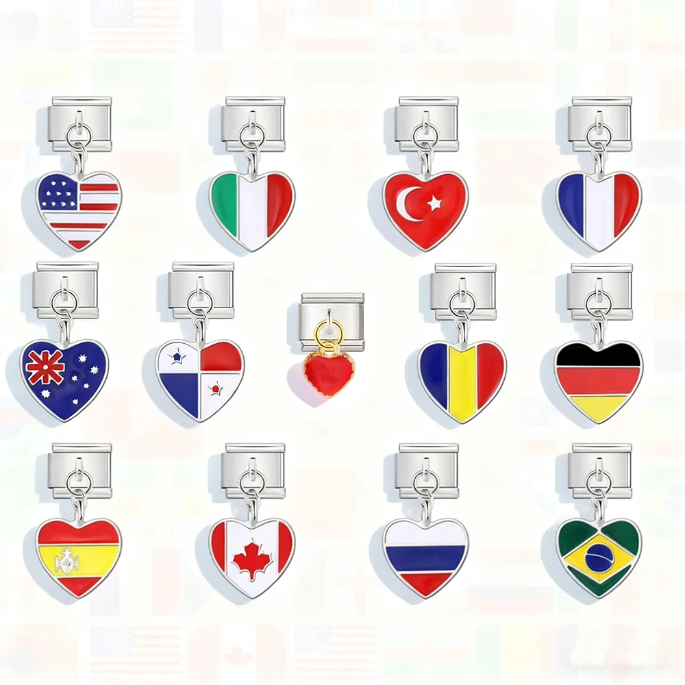 URING Elastischer Charm-Herz-Anhänger, italienischer Link, passend für 9 mm Edelstahl, trendige Welt-Nationalflaggen-Armbänder, Herstellung von DIY-Schmuck – Detail 4