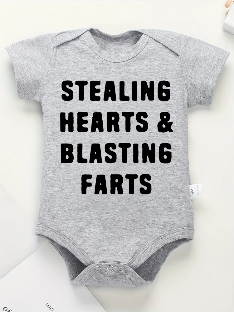 Creative New Baby Girl Boy Cotton Onesie Stealing Hearts and Blasting Farts Letter Print Funny Infant Clothes Comfy Breathable 2