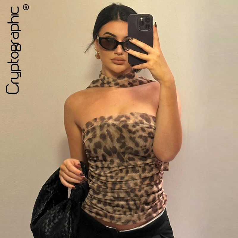 Cryptographic Leopard Print Sexy Crop Tank Tops Club Outfits for Women Elegant Mesh Backless Cropped Top Tees Coquette Aesthetic