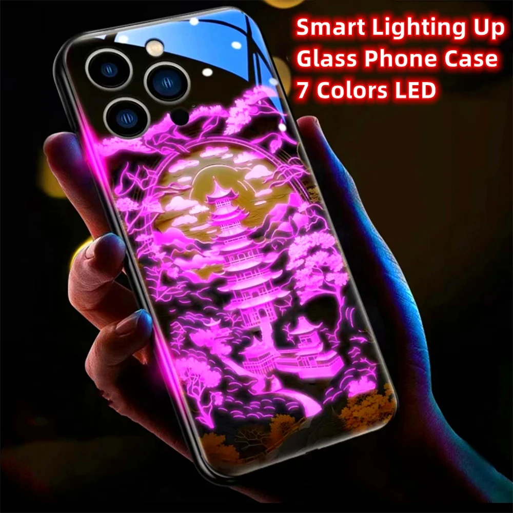 Maple City Tower Sound Control LED Light Up Cases Luminous Glass Cover For Honor V40 60 70 80 90 Pro Huawei Nova 7 8 9 10 11