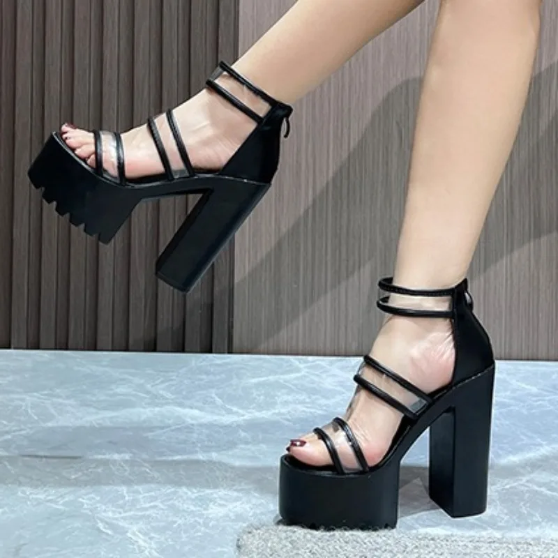 

Женские босоножки 2024New прозрачные модные однотонные Простые сандалии на толстой подошве с молнией Летние повседневные сандалии с открытым носком на высоком каблуке