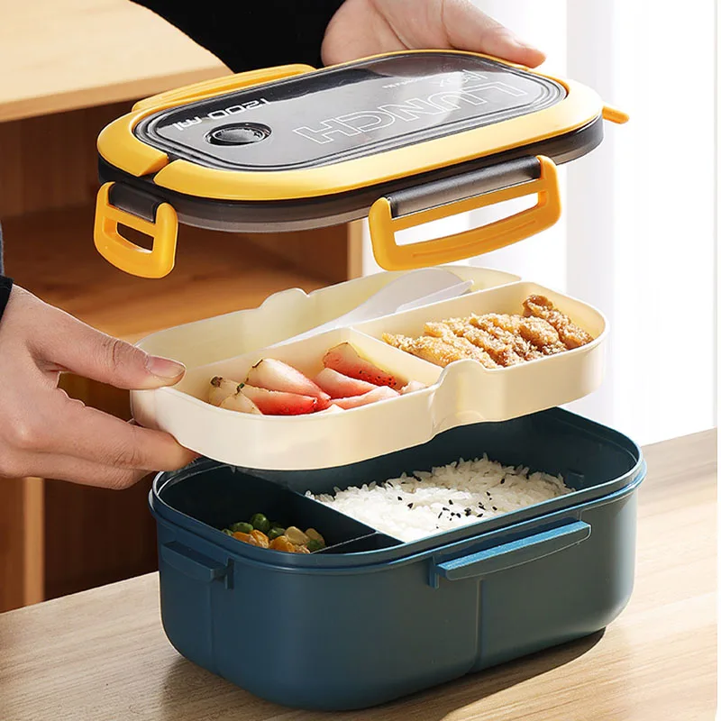 

Portable Hermetic Lunch Box Double Layer Grid Children Student Bento Box With Fork Spoon Leakproof Microwavable Prevent Odor