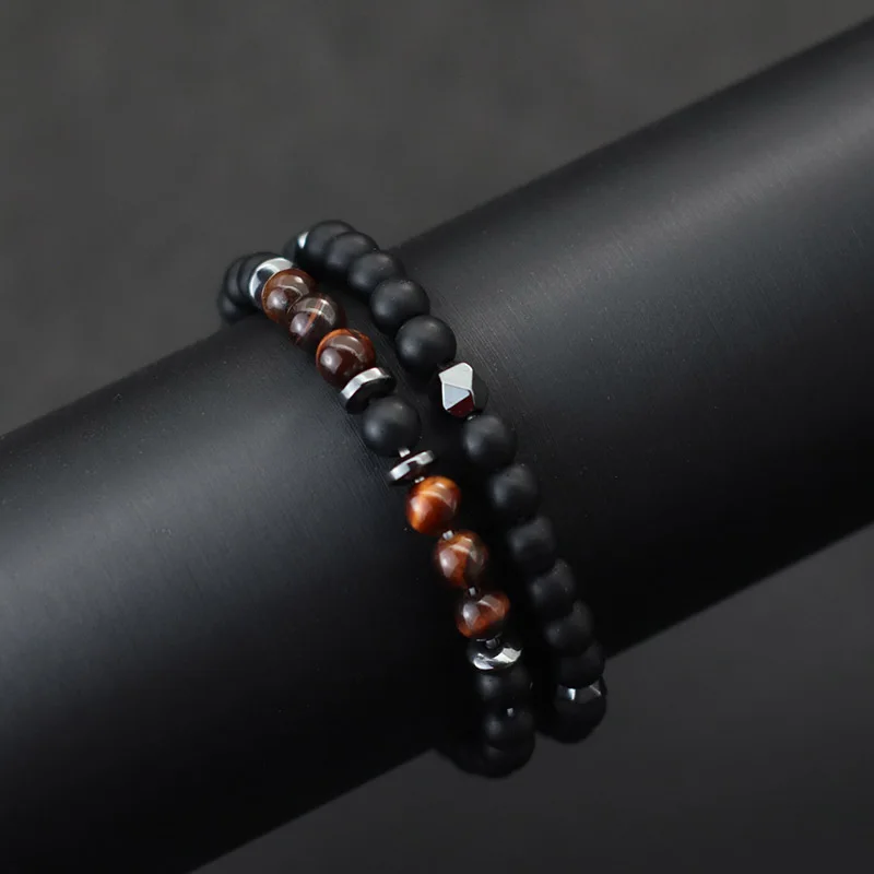 Mens Onyx Stone Beaded Bracelet Set 2Pcs Natural Tiger Eyes