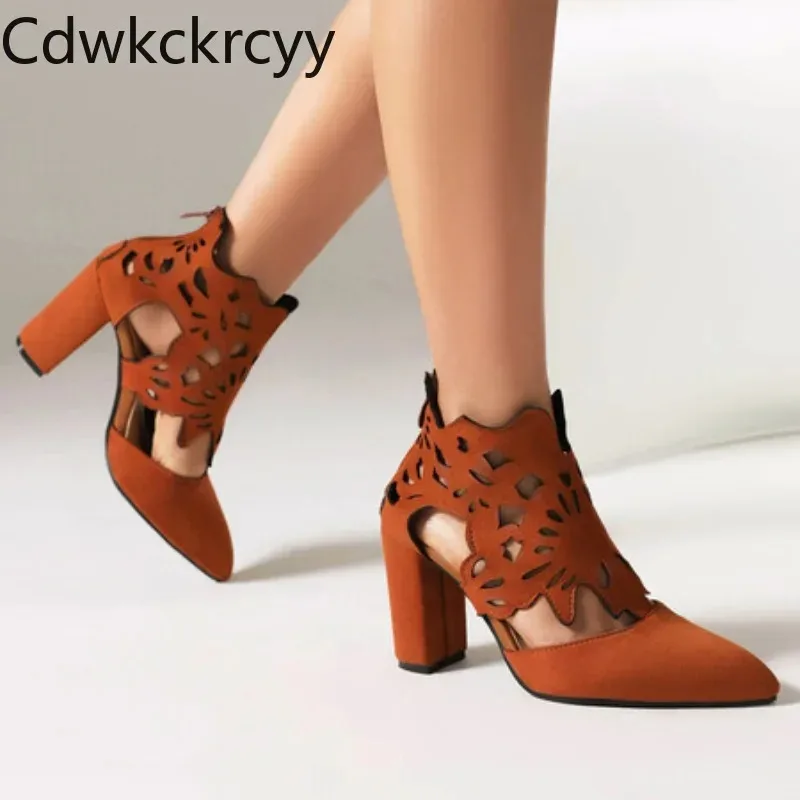 

Spring and autumn New style Suede Cusp high-heeled Women's Shoes High barrel Hollow-out Thick heel Women Shoes plus size 34-48